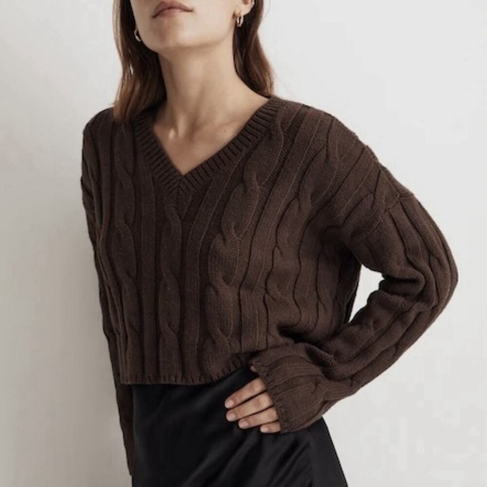 Madewell Womens Sweater Cable Knit V Neck Cropped Pullover Chocolate Brown Small